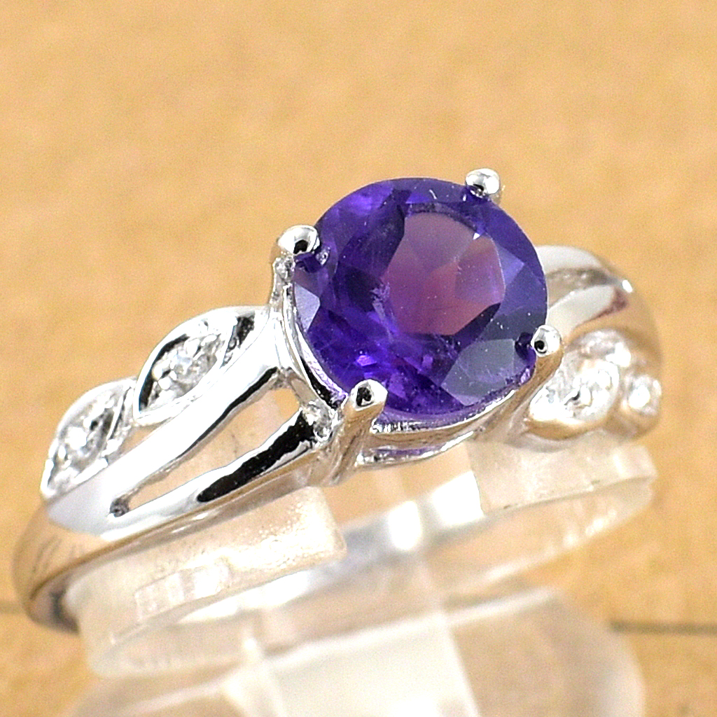 แหวนเงินแท้ราคาถูกชุบทองคำขาว แอมิทิสต์แท้ 1.25 กะรัต เพชรCZ 0.028 กะรัต งานประณีตสวยงาม สั่งผลิตค่ะ