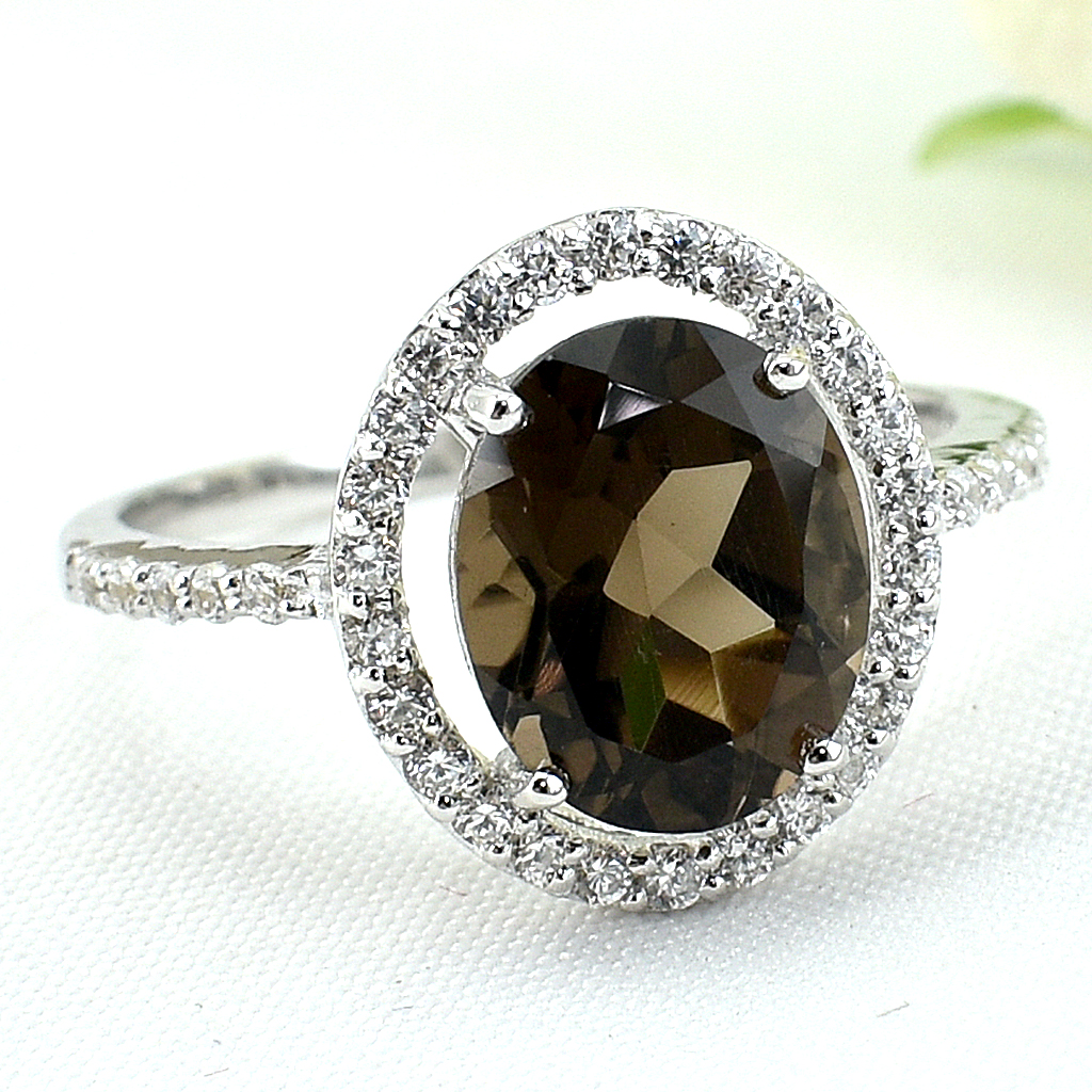 แหวนเงินแท้ราคาถูกชุบทองคำขาว พลอยแท้สโมกกี้ควอทซ์ 2.45 กะรัต เพชรCZ 0.38 กะรัต งานประณีตสวยงาม สั่งผลิตค่ะ