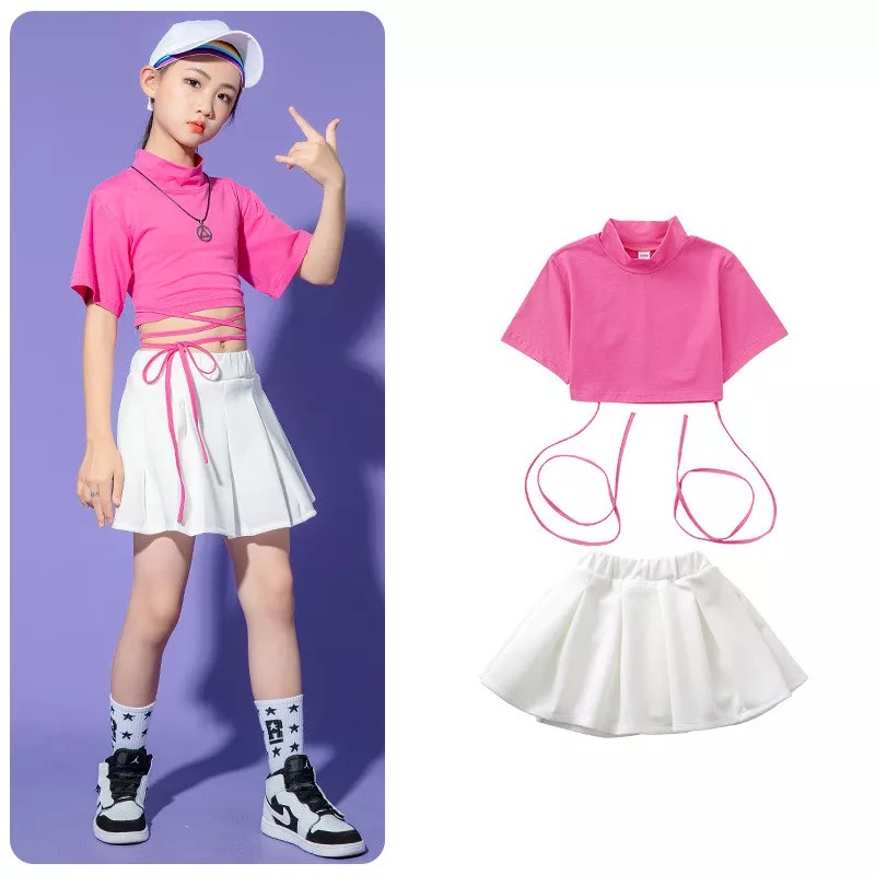 ชุดเต้น ชุดแดนซ์ เสื้อแขนสั้น+กระโปรงสั้นสีขาว