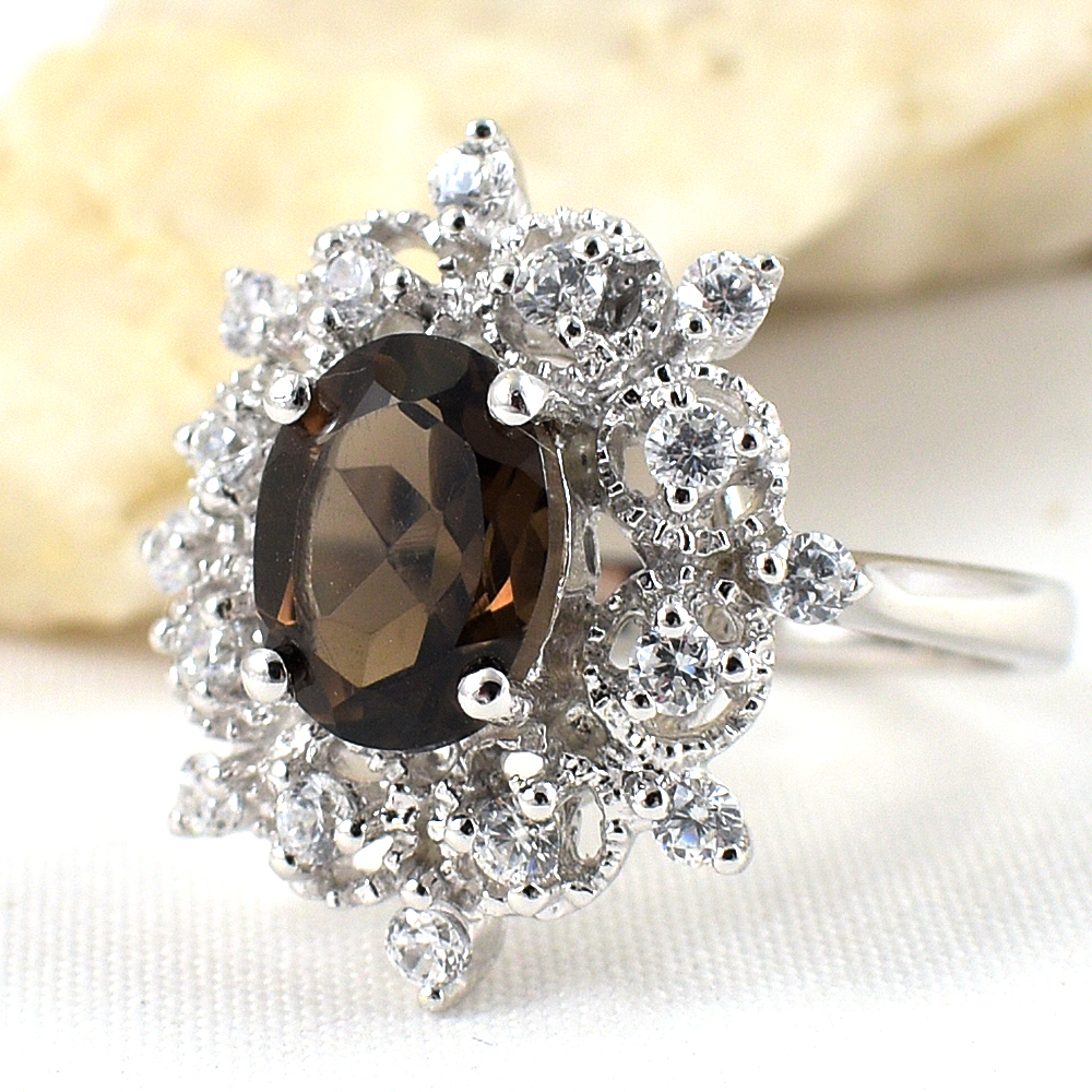 แหวนเงินแท้ราคาถูกชุบทองคำขาว พลอยแท้สโมกกี้ควอทซ์ 1.70 กะรัต เพชรCZ 0.48 กะรัต งานประณีตสวยงาม สั่งผลิตค่ะ