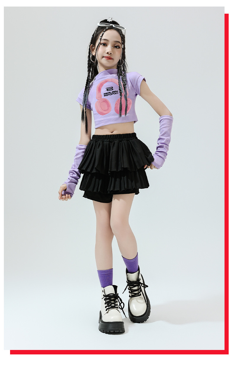 พร้อมส่ง ชุดเต้นเด็ก เสื้อ พร้อมปลอกแขน+กระโปรงอัดพลีท