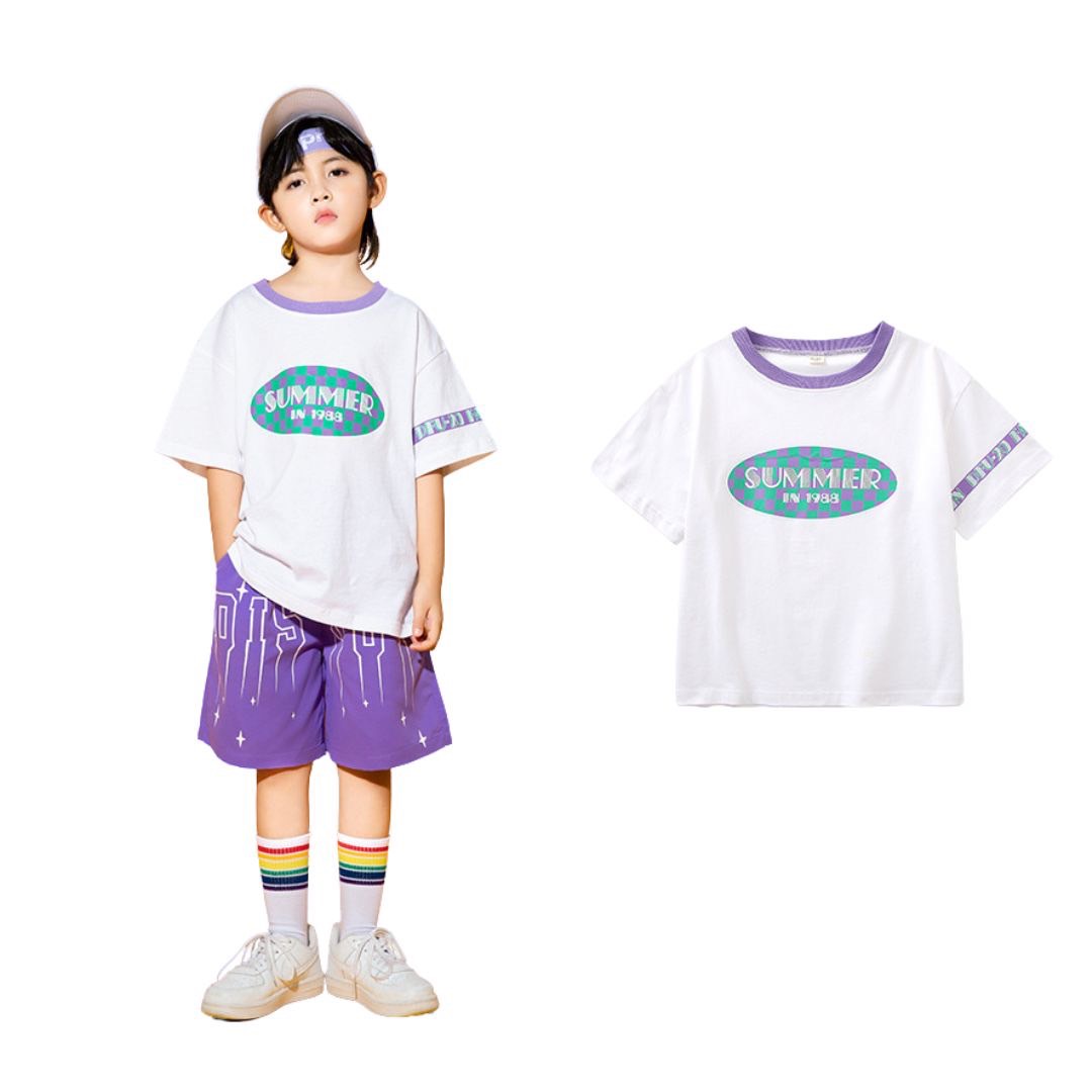 ชุดเต้น ชุดแดนซ์ เซ็ตเสื้อสีม่วง/ขาว+กางเกงขาสั้น/กระโปรง