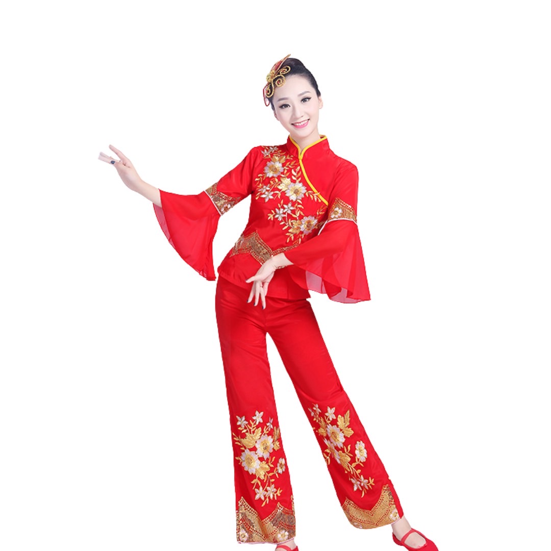 ชุดกี่เพ้า แขนยาวปักลายดอกไม้ คอป้าน+กางเกงขายาวสีแดง