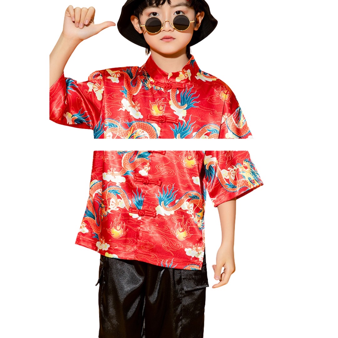 **พร้อมส่ง**ชุดจีน กี่เพ้า ชุดเซ็ตตรุษจีนสีแดง ลายมังกร