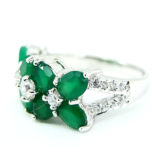 แหวนเงินแท้ราคาถูกชุบทองคำขาว พลอยแท้กรีนอะเกท 3.20 กะรัต เพชรCZ 0.272 กะรัต งานประณีตสวยงาม สั่งผลิตค่ะ