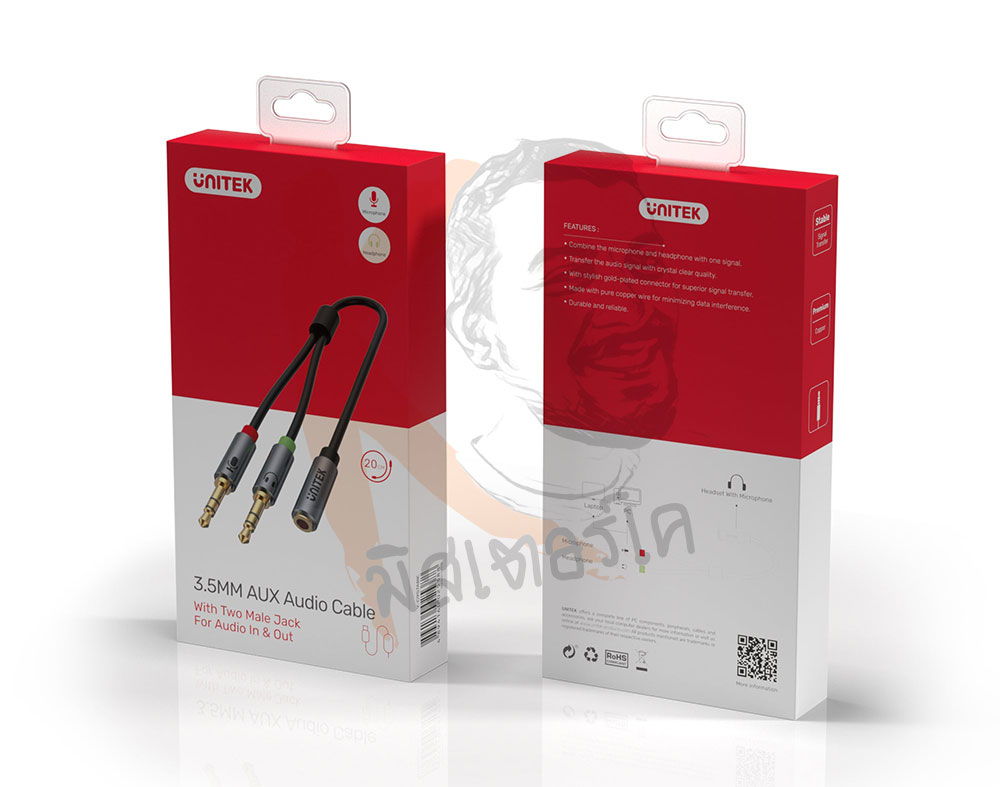 ตัวรวมหูฟัง กับ ไมค์ AUX 3.5mm 2 ออก 1 Headset Adapter by Unitek