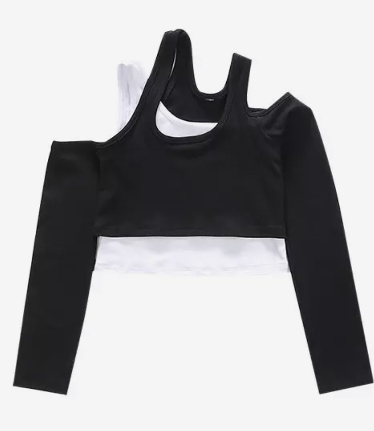 **เฉพาะเสื้อ**ชุดเต้น ฮิปฮอป เสื้อแขนยาว แขนคอไขว้ สีดำสลับดำ