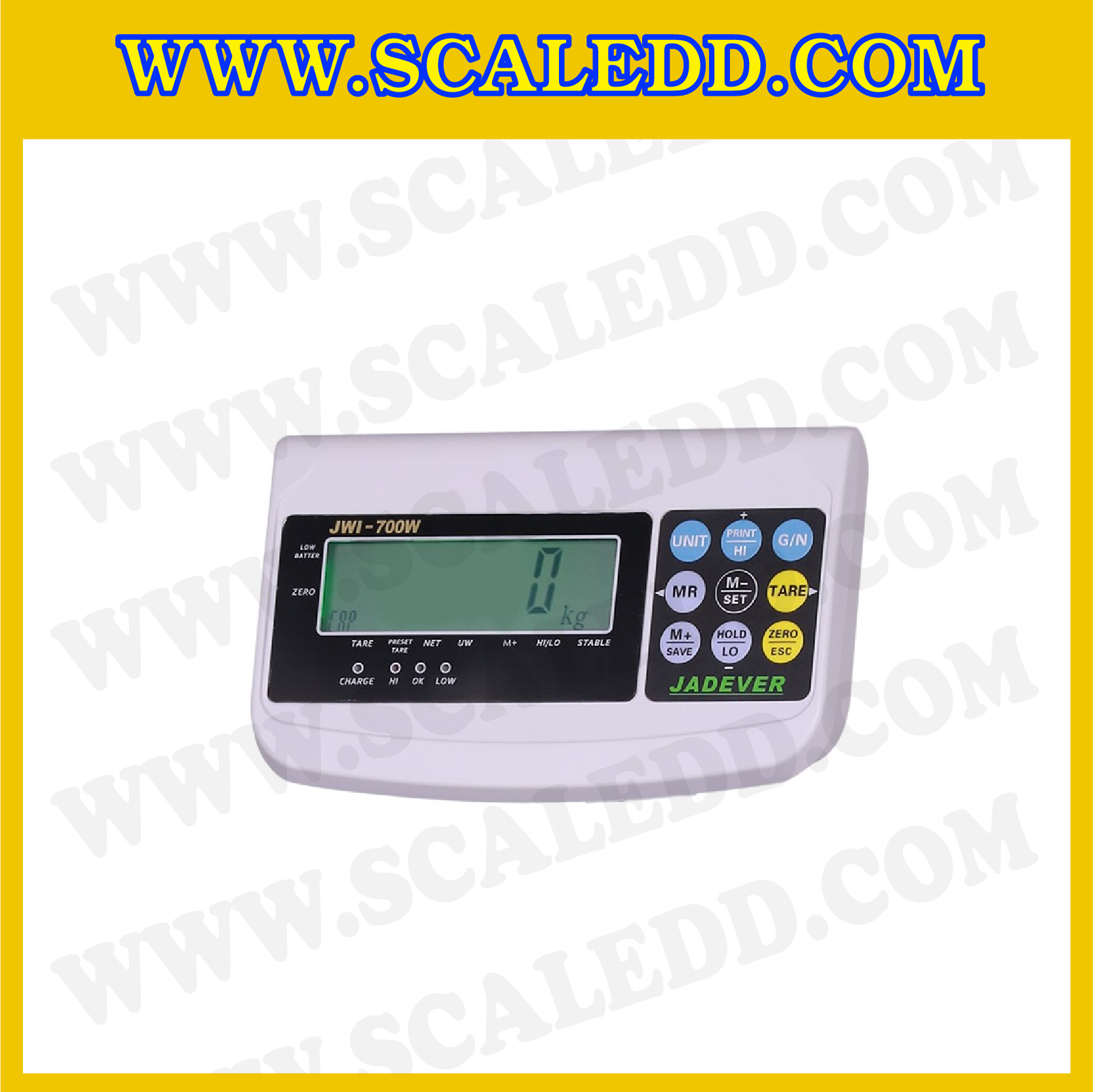 เครื่องชั่งดิจิตอล พิกัดน้ำหนัก 1000kg ค่าละเอียด 100g ยี่ห้อ JADEVER รุ่น JWI-700WII ขนาดแท่น 150x150cm.