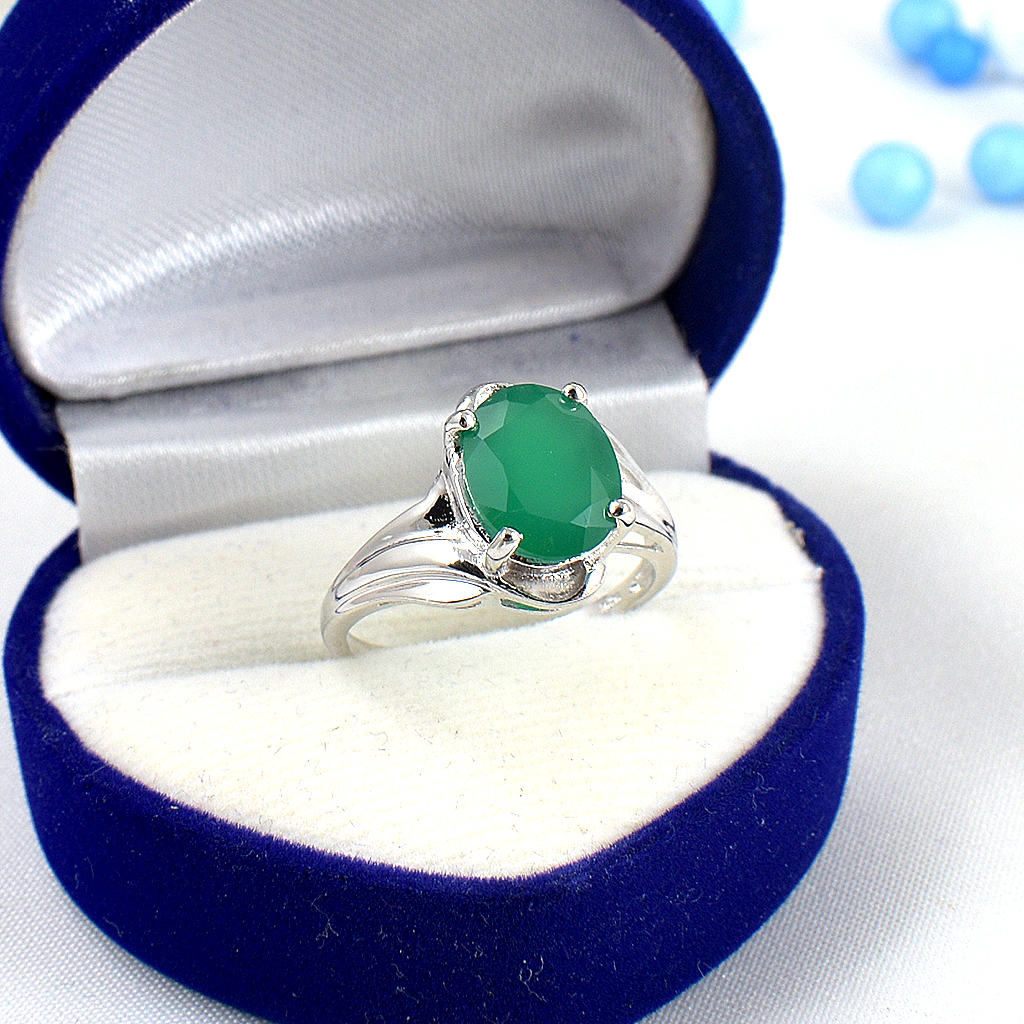 แหวนเงินแท้ราคาถูกชุบทองคำขาว พลอยแท้กรีนอะเกท 3.55 กะรัต งานประณีตสวยงาม สั่งผลิตค่ะ