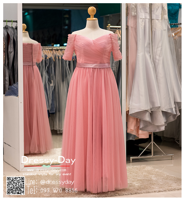 รหัส ชุดราตรี : PF071 ชุดแซก ชุดราตรียาว หรู สีชมพูกลีบบัว แขนยาว เรียบหรู เหมาะสำหรับงานแต่งงาน งานกลางคืน กาล่าดินเนอร์ ซิปหลัง