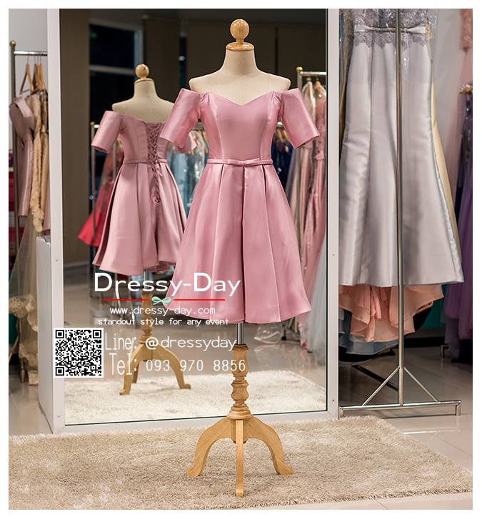 รหัส ชุดราตรีสั้น :PF064 ชุดราตรีสั้น เดรสออกงาน ชุดไปงานแต่งงาน ชุดแซก สีชมพูกลีบบัว มีแขน เปิดไหล่ ผ้าไหมสุดหรู เหมาะสำหรับงานแต่งงาน งานกลางคืน กาล่าดินเนอร์ สำเนา