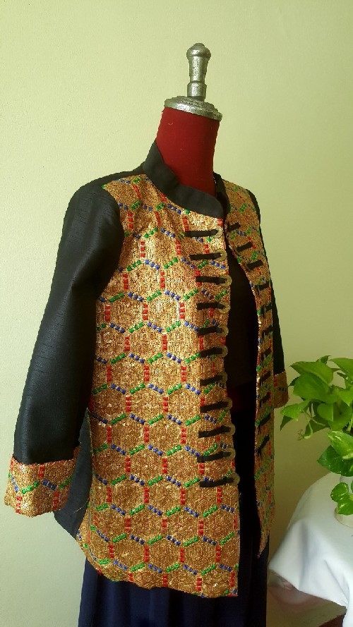 SIVA เสื้อคลุ้มผ้าไหมไทยตกแต่งวัสดุเหลือใช้ SIVA (ส่งฟรี) ดำ,น้ำตาล,ชมภู่,ฟ้า,แดงเลือดหมู M,L,XL,XXL