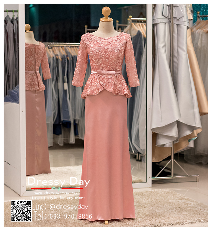 รหัส ชุดราตรี : PFL060 ชุดราตรียาวมีแขนตกแต่งด้วยลูกไม้งานสวย ชุดไปงานแต่งสีชมพพู เรียบหรู เหมาะสำหรับงานแต่งงาน งานกลางคืน กาล่าดินเนอร์ ชุดออกงาน