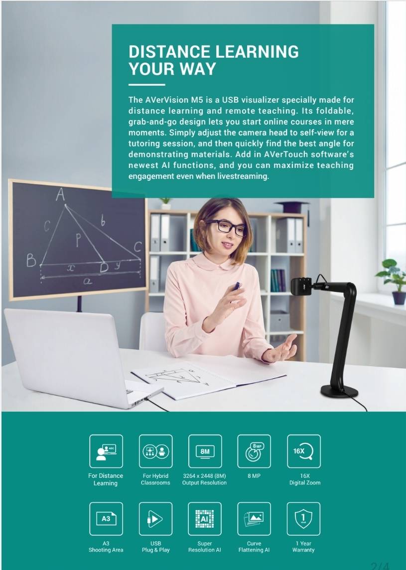 AVerVision M5 (FULL HD) Visualizer เครื่องฉายภาพวัตถุ 3 มิติ กล้อง 8ล้าน พิกเซล น้ำหนัก 0.78 kg.ให้ความละเอียดสูง Full HD 1080P