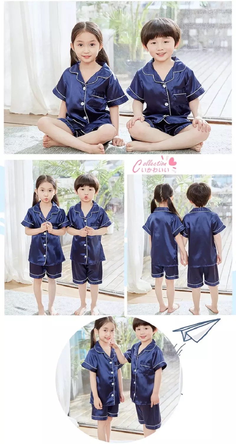 พร้อมส่ง ชุดนอนเด็ก ชุดนอนซาติ เซ็ท2ชิ้น เสื้อแขนสั้น+กางเกงขาสั้น