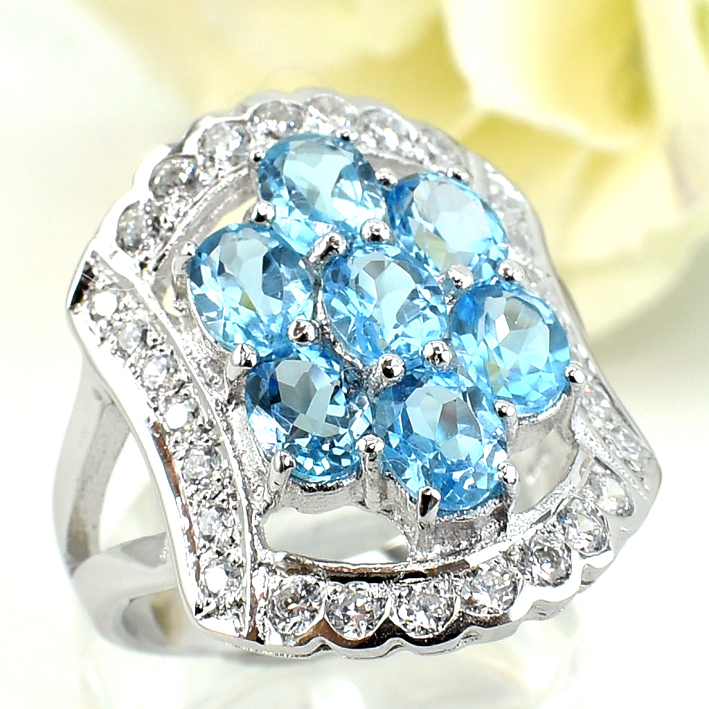 แหวนเงินแท้ราคาถูกชุบทองคำขาว สวิสบลูโทปาซแท้ 3.50 กะรัต เพชรCZ 0.28 กะรัต งานประณีตสวยงาม สั่งผลิตค่ะ