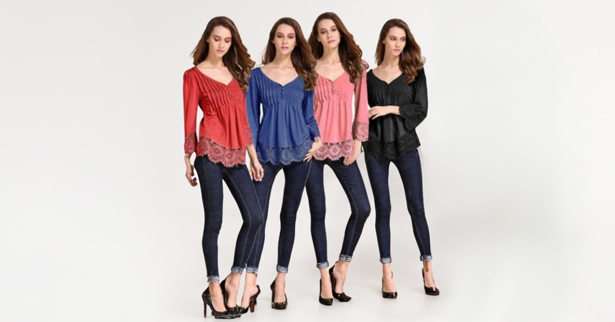 เสื้อแฟชั่นคอวีแต่งลูกไม้ ใส่เที่ยวสวยๆสไตล์เกาหลี มี 4 สี รหัส 1800