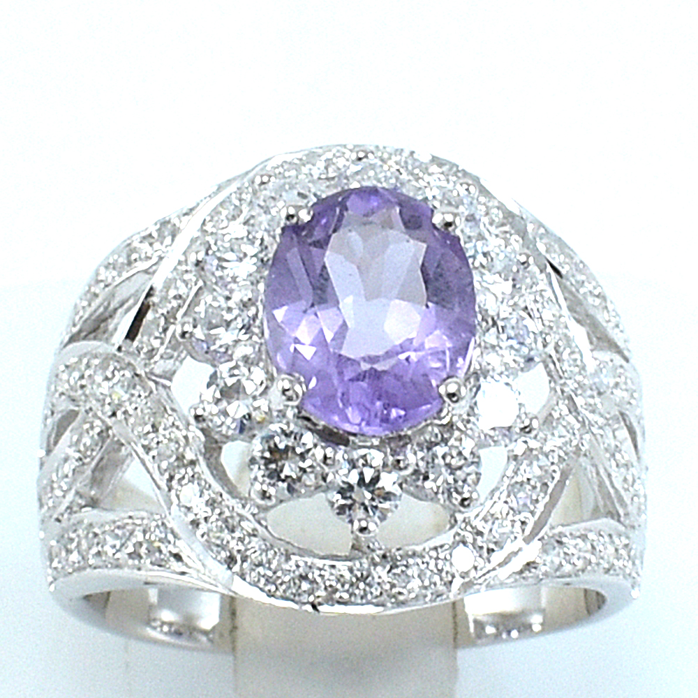 แหวนเงินแท้ราคาถูกชุบทองคำขาว แอมิทิสต์แท้ 1.65 กะรัต เพชรCZ 1.47 กะรัต งานประณีตสวยงาม สั่งผลิตค่ะ