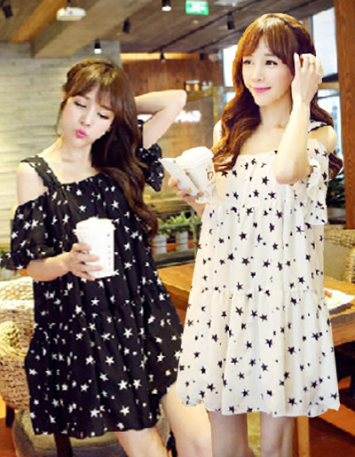 ชุดเดรสแฟชั่นกึ่งเสื้อ ผ้าชีฟองสวยหวานสไตล์เกาหลี มี 2 สี(ดำ/ขาว)-1033