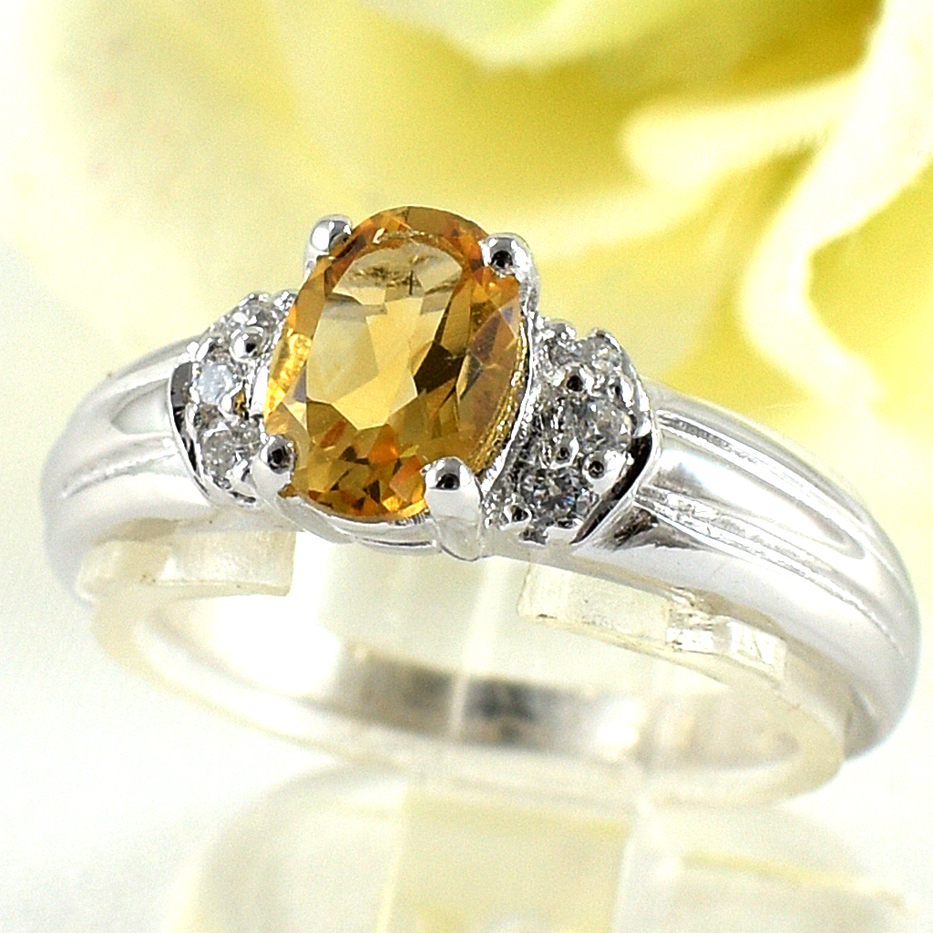 แหวนเงินแท้ราคาถูกชุบทองคำขาว ซิทรินแท้ 1.0 กะรัต เพชรCZ 0.11 กะรัต งานประณีตสวยงาม สั่งผลิตค่ะ