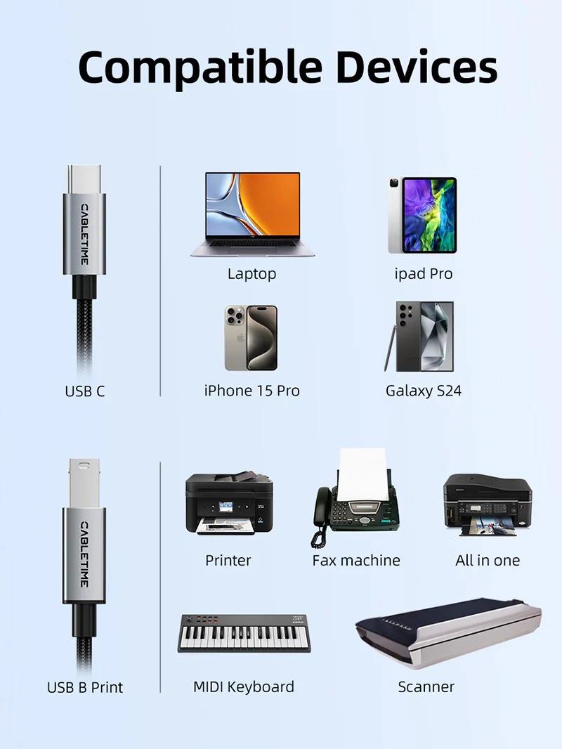 USB-C to USB-B 2.0 Printer cable by CableTime รุ่น CA16 by Cabletime