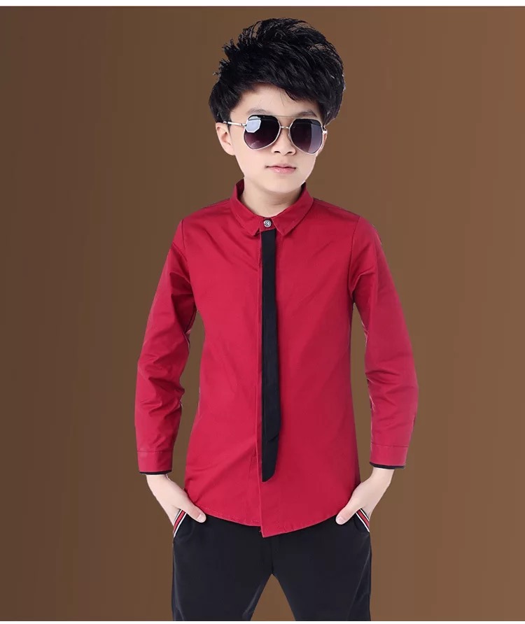 สินค้าพร้อมส่ง เสือแขนยาว เสื้อเชิ๊ต เด็ก สีพื้น พร้อมเนคไทด์