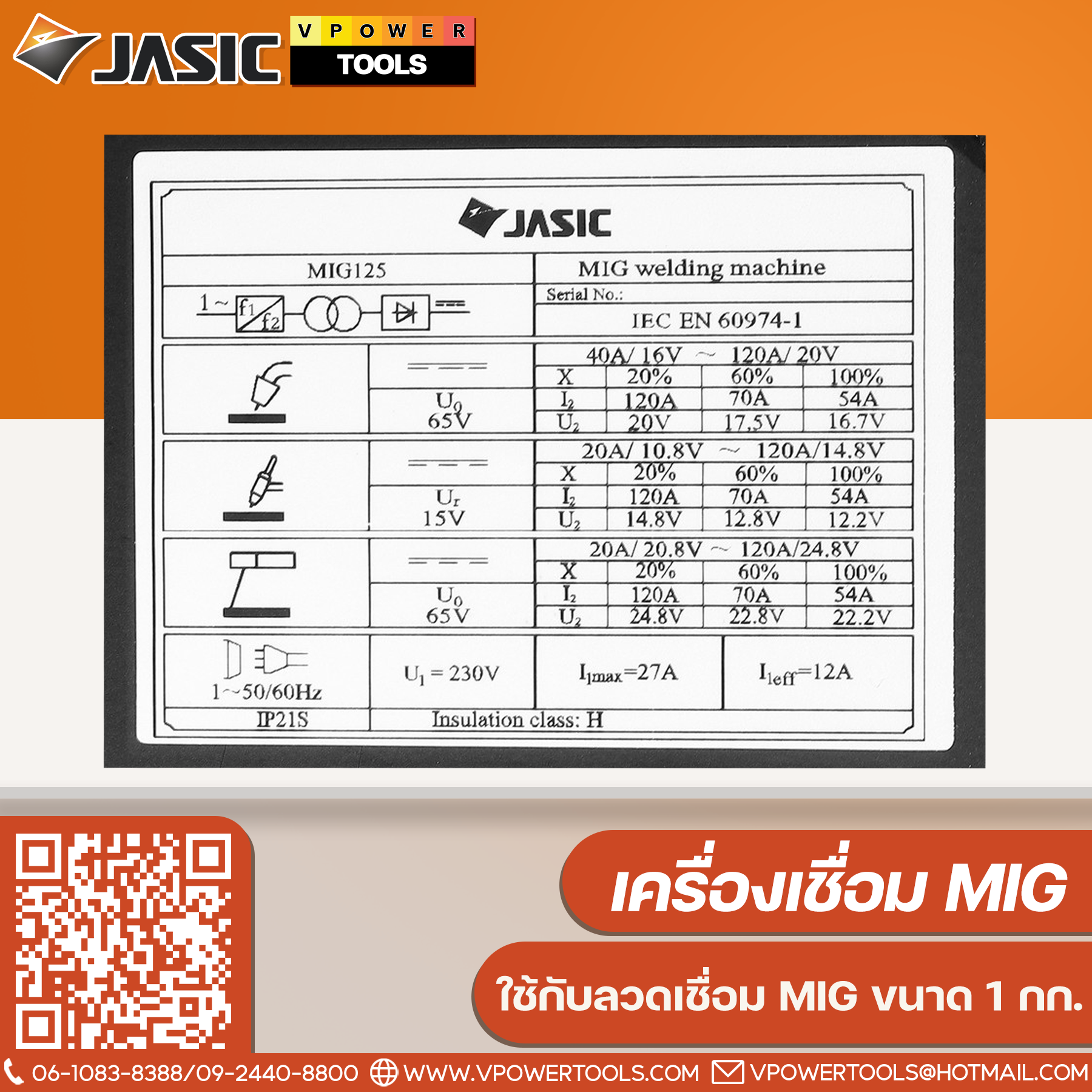 JASIC MIG125 ไฟ 230 โวลต์ 1 เฟส กระแสไฟเชื่อม 20-120 แอมป์ ระดับป้องกัน IP21S ใช้กับลวดเชื่อม MIG ขนาด 1 กก. (เจสิค)