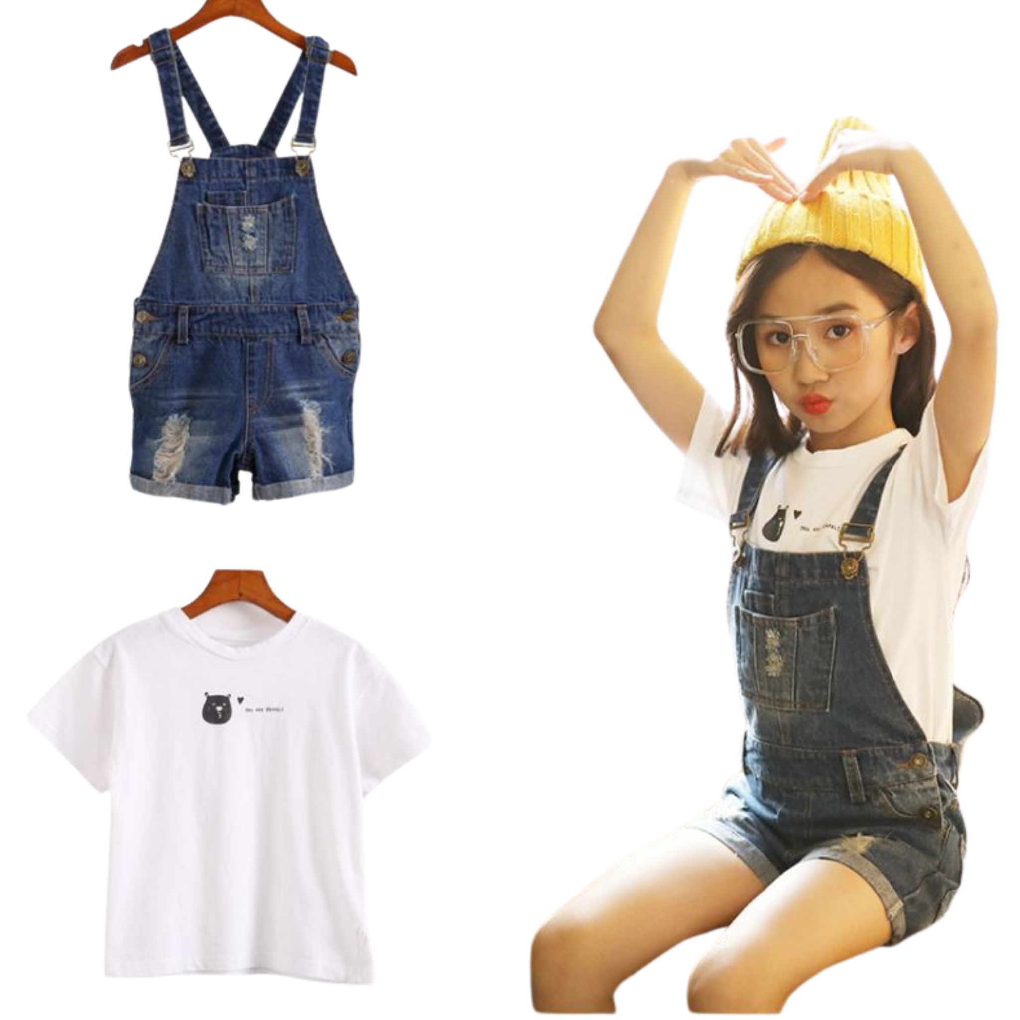 พร้อมส่ง ชุดเด็ก ชุดเซ็ต เดรสแขนยาว+เอี้ยมยีนส์ เอี๊ยมเด็ก