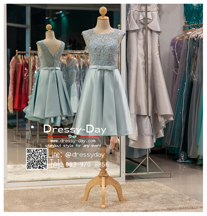 รหัส ชุดราตรีสั้น : PF049 ชุดราตรีตกแต่งลูกไม้ซีทรู เดรสออกงาน ชุดไปงานแต่งงาน ชุดแซก สีฟ้า แขนกุด ผ้าไหมสุดหรู เหมาะสำหรับงานแต่งงาน งานกลางคืน กาล่าดินเนอร์
