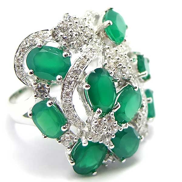 แหวนเงินแท้ราคาถูกชุบทองคำขาว พลอยแท้กรีนอะเกท 5.80 กะรัต เพชรCZ 1.015 กะรัต งานประณีตสวยงาม สั่งผลิตค่ะ