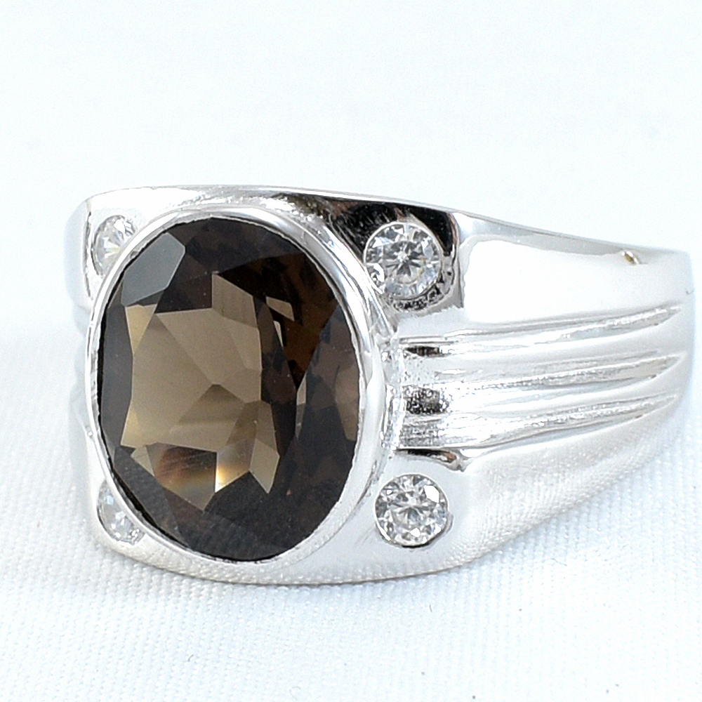 แหวนเงินแท้ราคาถูกชุบทองคำขาว พลอยแท้สโมกกี้ควอทซ์ 4.80 กะรัต เพชรCZ 0.12 กะรัต งานประณีตสวยงาม สั่งผลิตค่ะ