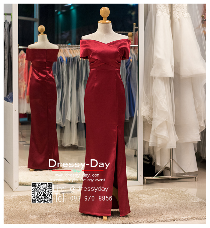 รหัส ชุดราตรียาว : PFL110 ชุดไปงานแต่งสีแดง แบบมีแขน เปิดไหล่ ชุดไปงานแต่งงานกลางคืน เรียบ หรู ดูแพง พร้อมส่ง