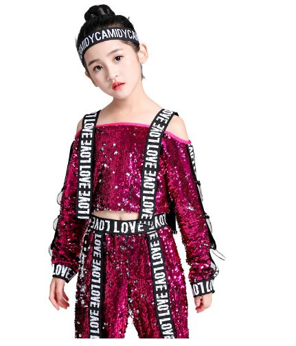 **พร้อมส่ง**ชุดเต้น ชุดฮิปฮอป เสื้อแขนยาว ปักเลื่อม พร้อมกางเกงขาขายาว