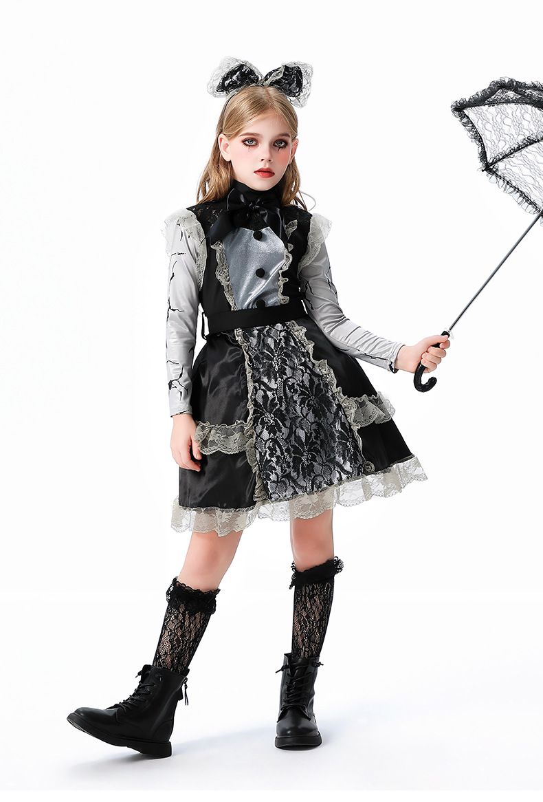 friendly4kid พร้อมส่ง ชุดฮาโลวีนเด็กผู้หญิง haloween ชุดเดรสสีดำ สไตล์สาวแม่บ้าน