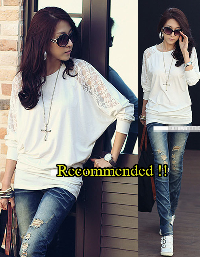 เสื้อยืดทรงค้างคาวแต่งแขนลูกไม้ลายดอก -1203- สีขาว