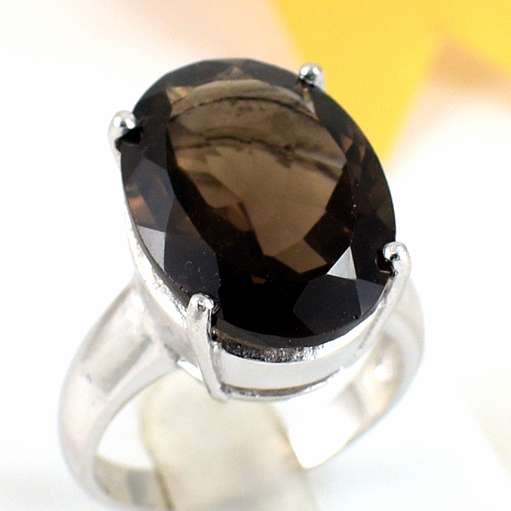 แหวนเงินแท้ราคาถูกชุบทองคำขาว พลอยแท้สโมกกี้ควอทซ์ 11.15 กะรัต งานประณีตสวยงาม สั่งผลิตค่ะ