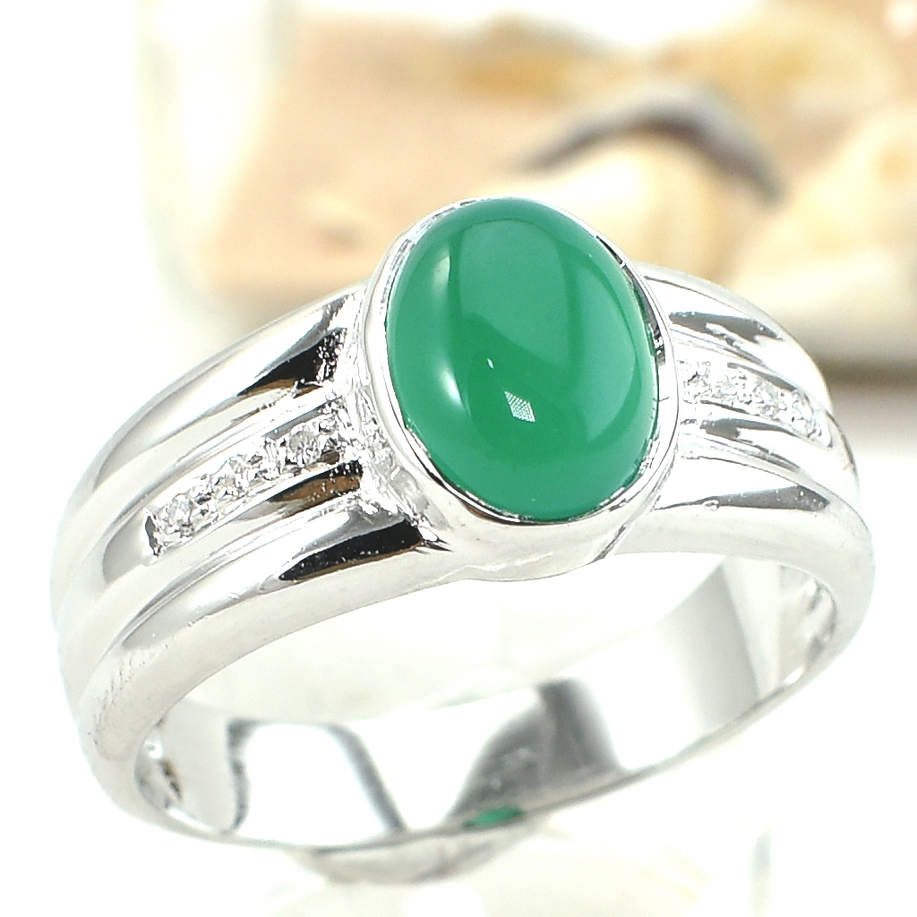 แหวนเงินแท้ราคาถูกชุบทองคำขาว พลอยแท้กรีนอะเกท 1.25 กะรัต เพชรCZ 0.06 กะรัต งานประณีตสวยงาม สั่งผลิตค่ะ