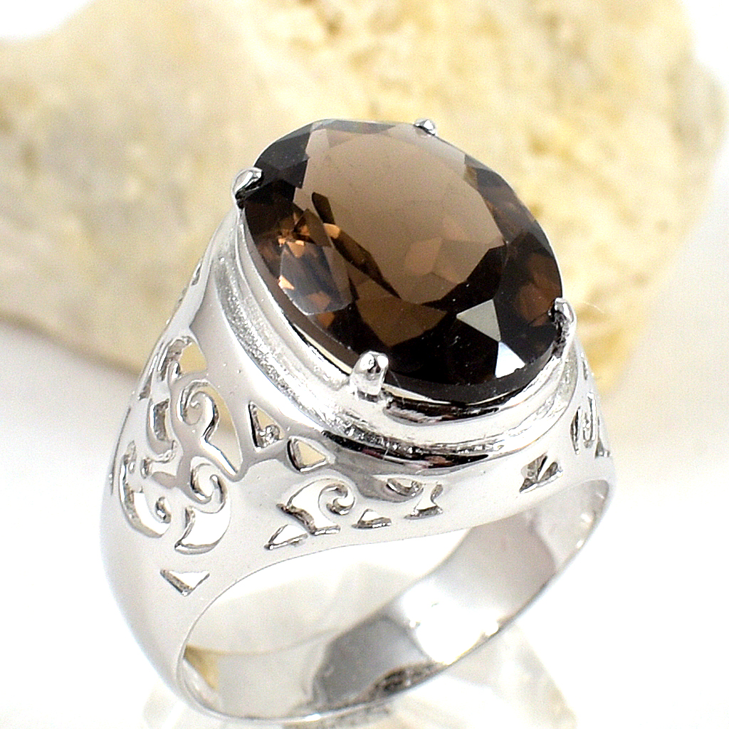 แหวนเงินแท้ราคาถูกชุบทองคำขาว พลอยแท้สโมกกี้ควอทซ์ 8.95 กะรัต งานประณีตสวยงาม สั่งผลิตค่ะ