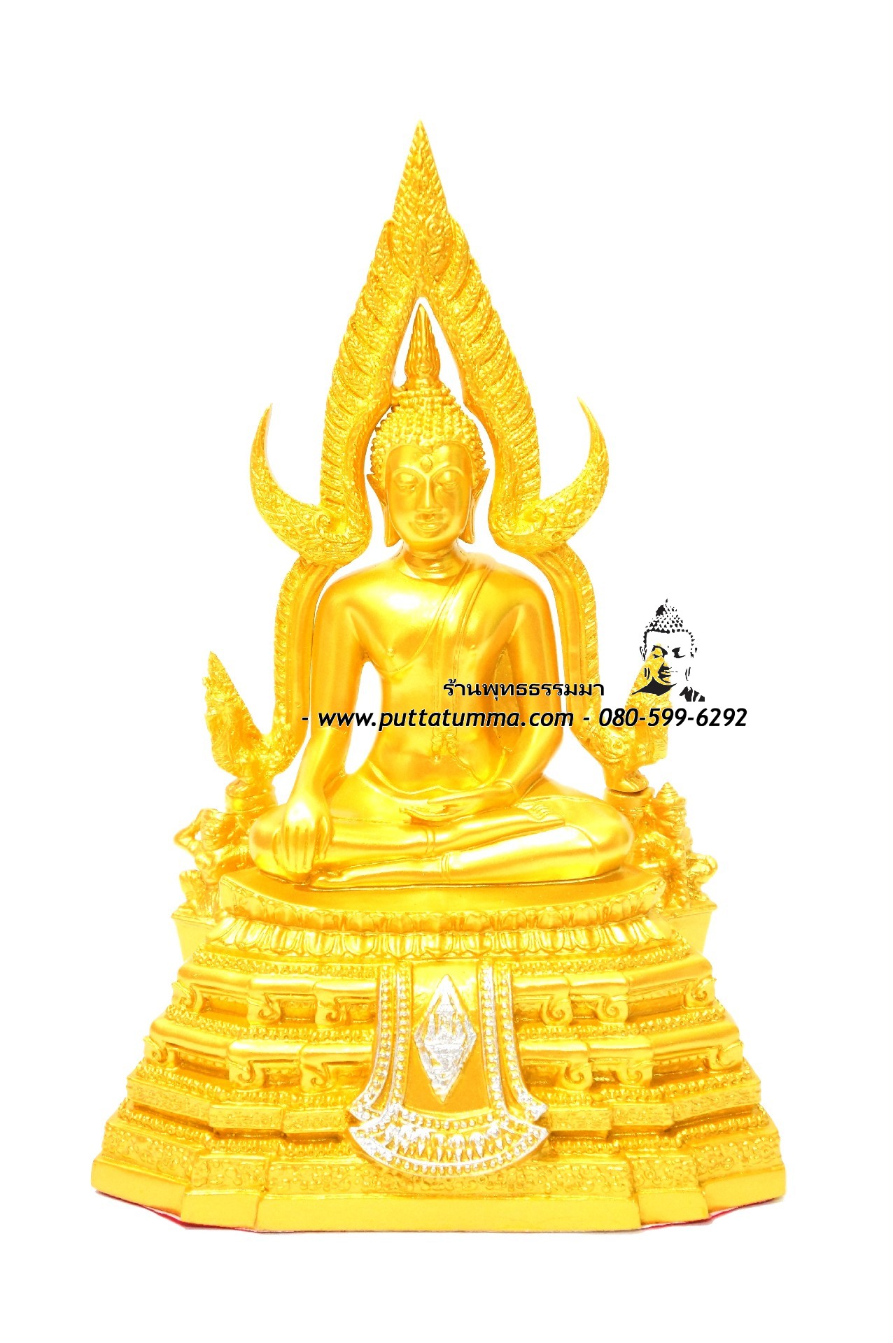 พระพุทธรูปปางมารวิชัย ซุ้มแก้ว ( พระพุทธชินราช ) สีทอง เนื้อเรซิ่น หน้าตัก 5 นิ้ว สูง 12 นิ้ว