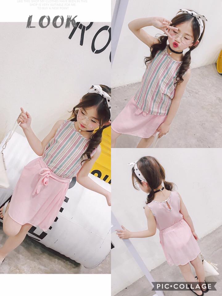 ชุดเสื้อ ลายทางสีชมพู-ฟ้า