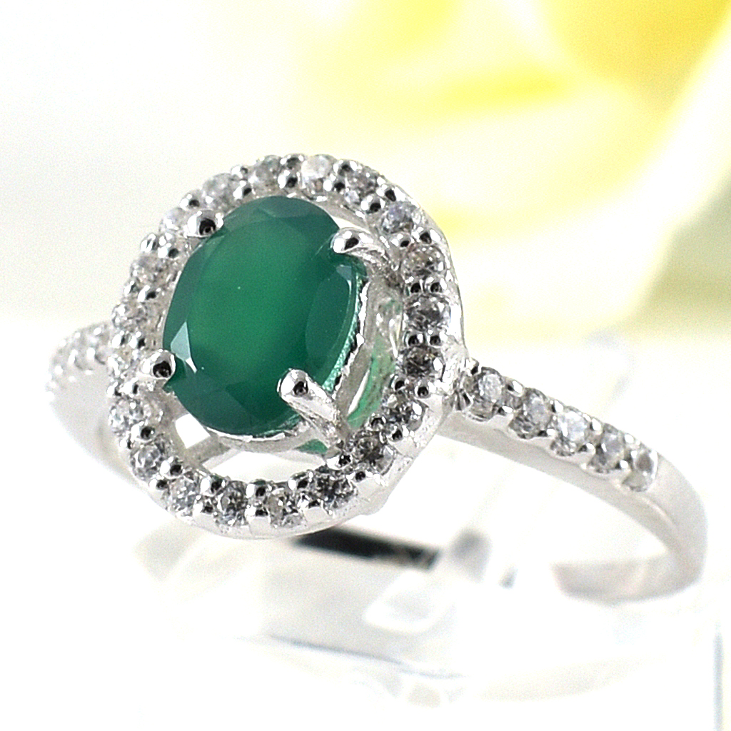 แหวนเงินแท้ราคาถูกชุบทองคำขาว พลอยแท้กรีนอะเกท 0.72 กะรัต เพชรCZ 0.30 กะรัต งานประณีตสวยงาม สั่งผลิตค่ะ