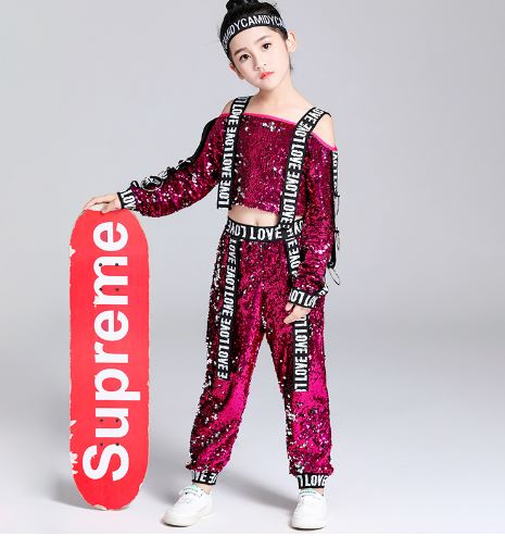 **พร้อมส่ง**ชุดเต้น ชุดฮิปฮอป เสื้อแขนยาว ปักเลื่อม พร้อมกางเกงขาขายาว