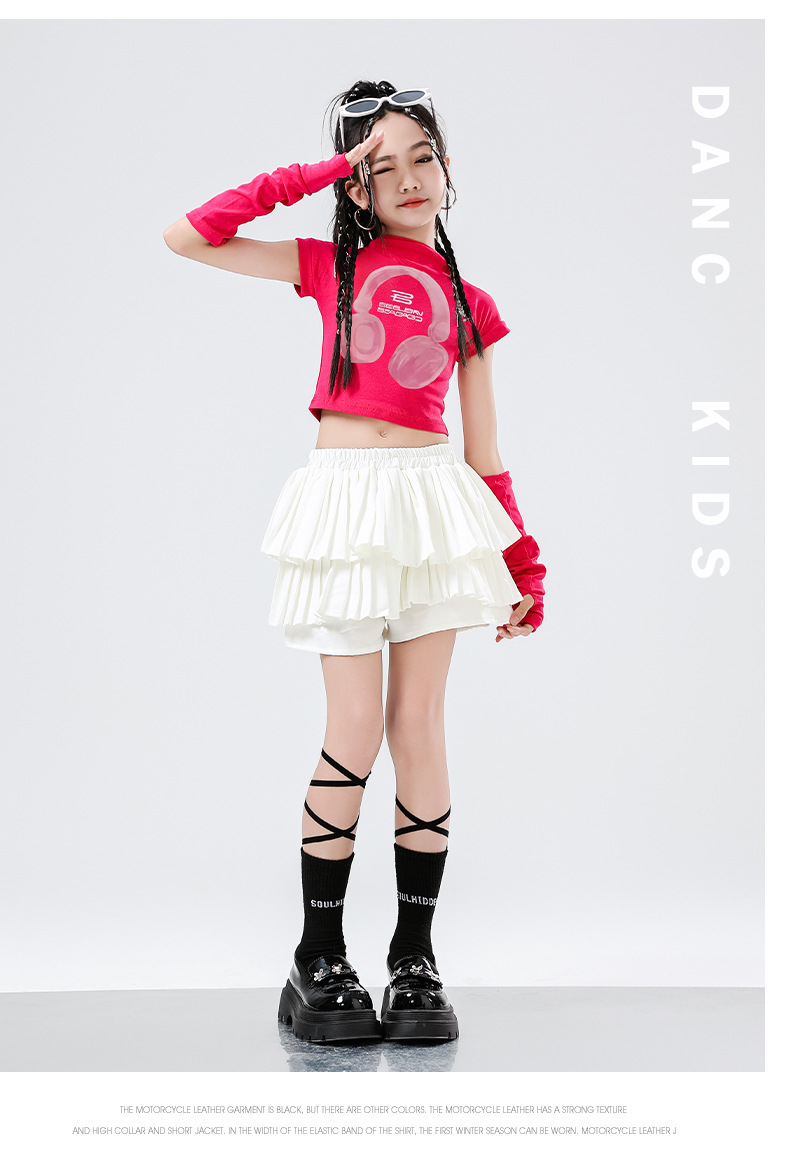 พร้อมส่ง ชุดเต้นเด็ก เสื้อ พร้อมปลอกแขน+กระโปรงอัดพลีท