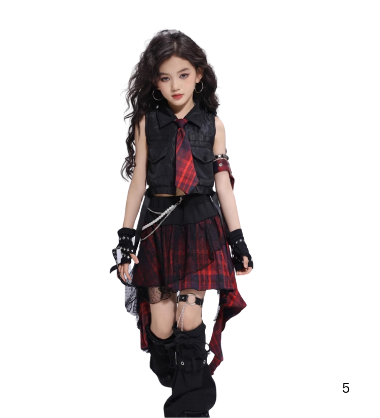 ชุดเต้น เซ็ตเสื้อปาดไหล่ พร้อมปลอกแขน โทนลายสก๊อต ดำแดง