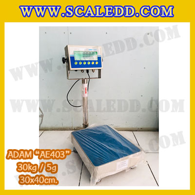 เครื่องชั่งดิจิตอลกันน้ำ รุ่น AE403 30kg x 5g ครื่องชั่งตั้งพื้นสแตนเลส30กิโล เครื่องชั่งน้ำหนัก30kg ตาชั่งกันน้ำ30kg แท่นชั่งขนาด30x40cm เครื่องชั่งน้ำหนัก30kg ความละเอียด 5g ยี่ห้อ ADAM รุ่น AE403