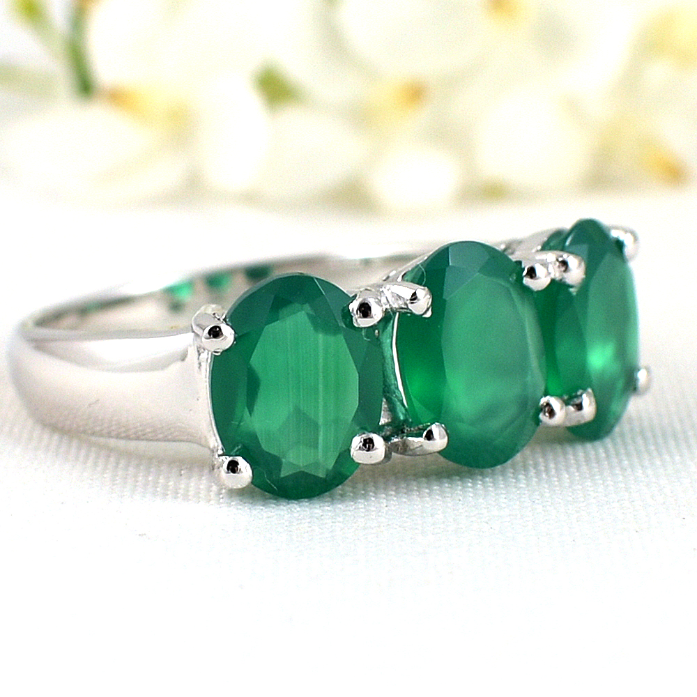 แหวนเงินแท้ราคาถูกชุบทองคำขาว พลอยแท้กรีนอะเกท 3.69 กะรัต งานประณีตสวยงาม สั่งผลิตค่ะ