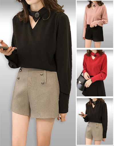 เสื้อแฟชั่นคอวีแต่งโช้คเก้อร์สวยหวาน มี3สีรหัส1988