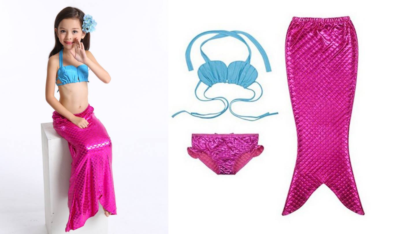 ชุดว่ายน้ำ นางนางเงือก เซ็ต 3 ชิ้น รุ่นเสื้อผูกอก สีชมพู-ฟ้า