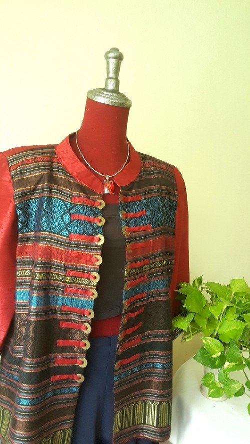 SIVA เสื้อคลุ้มผ้าไหมไทยตกแต่งวัสดุเหลือใช้ SIVA (ส่งฟรี) ดำ,น้ำตาล,ชมภู่,ฟ้า,แดงเลือดหมู M,L,XL,XXL