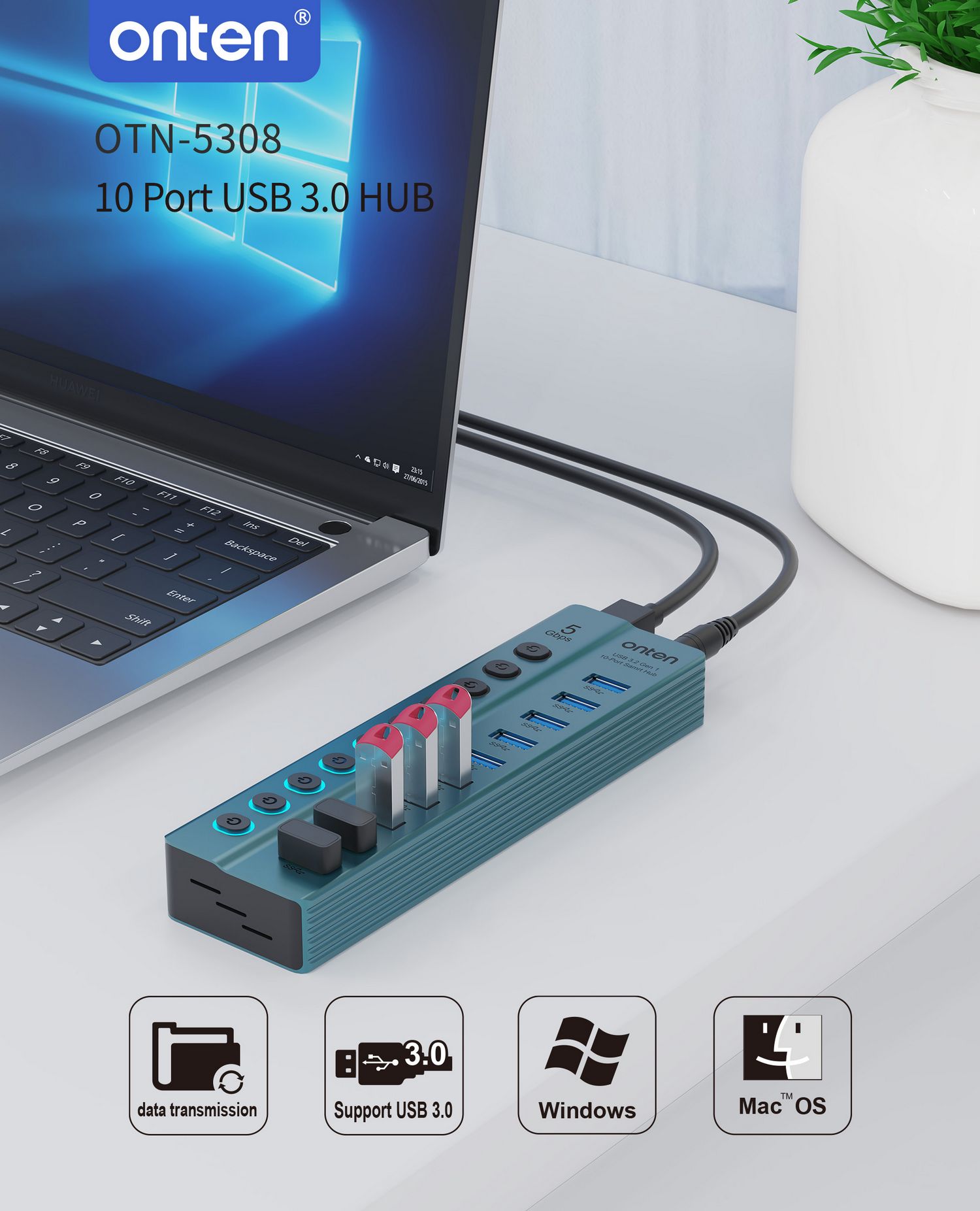 10-Port Hub USB 3.2 Gen 1 5Gbps with Separate Buttons by Onten